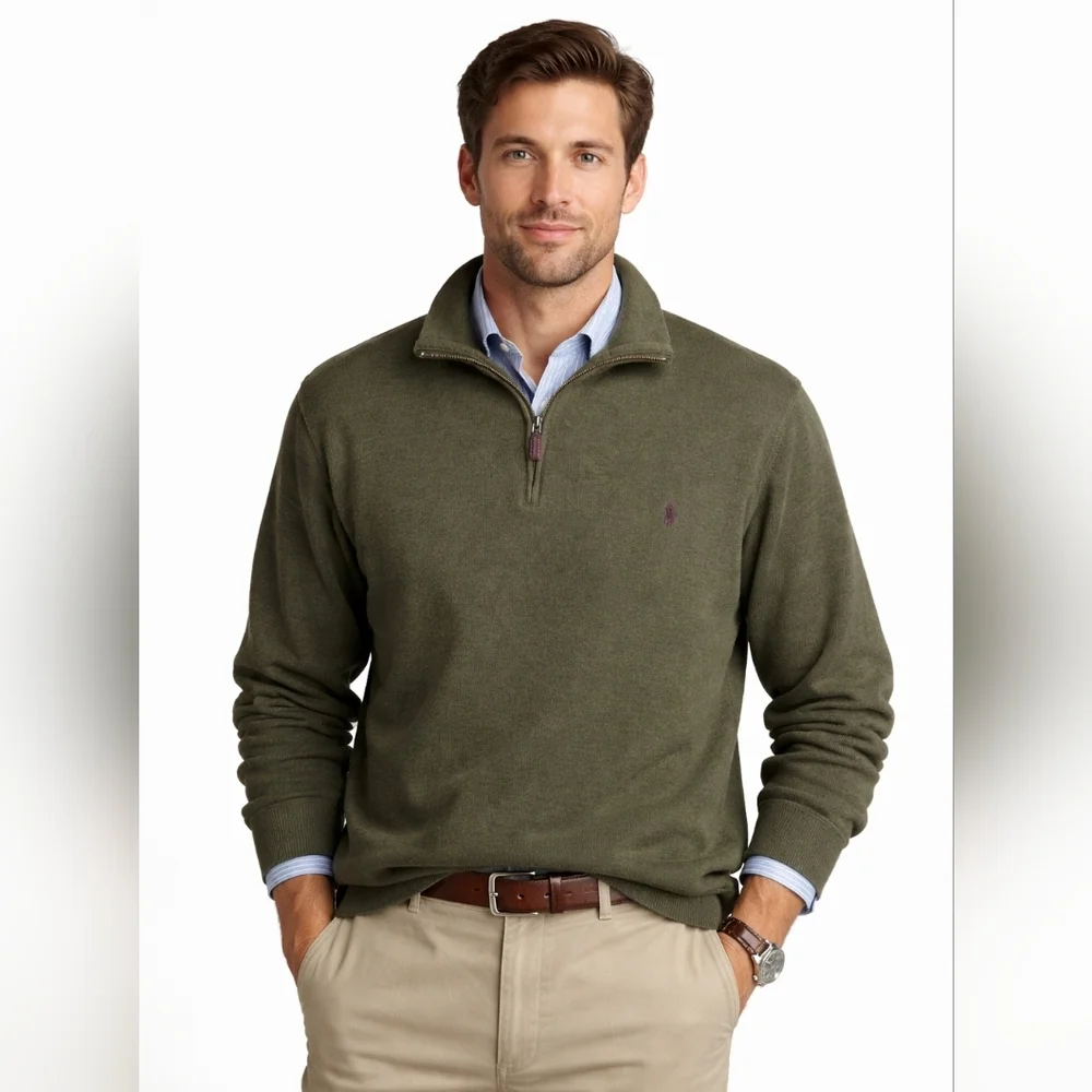 Polo By Ralph Lauren Quarter Zip Long Sleeve Sweater 3XLT Green W/ Pony Logo